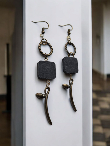 Upcycled Black Wood and Bronze Spring Flower Dangle Earrings