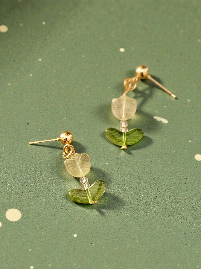 Light Green Tulip on Gold Dangle Stud Earrings