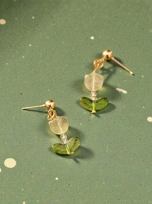 Light Green Tulip on Gold Dangle Stud Earrings