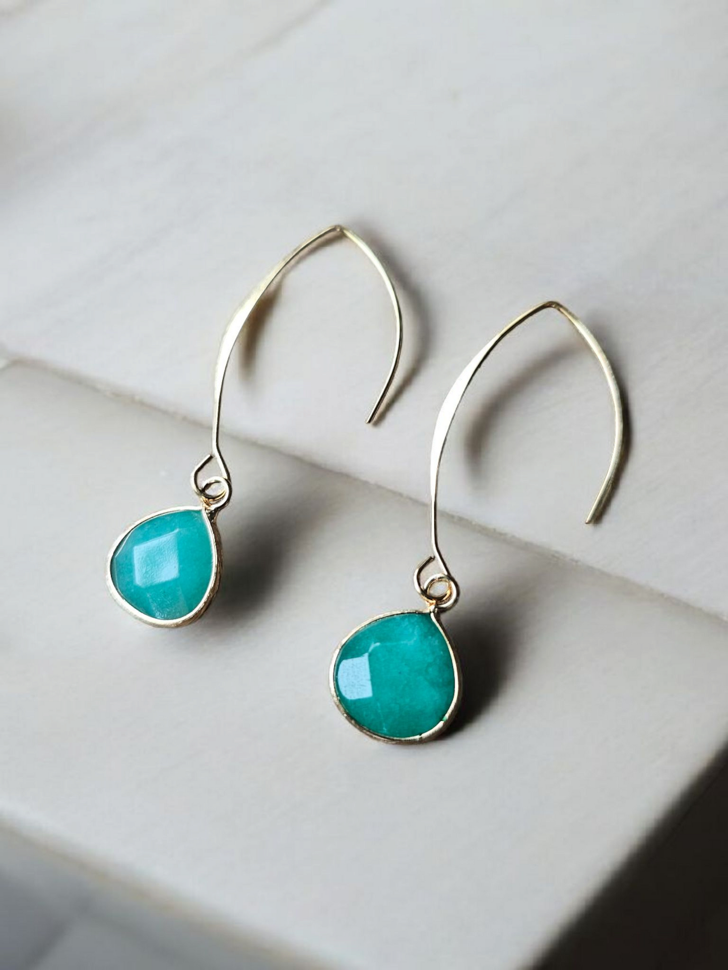 Blue Green Gemstone on Gold Dangle Earrings