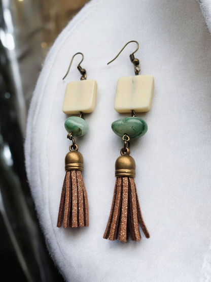 Upcycled White Wood and Brown Shimmer Tassles with Teal Accent Dangle Earrings