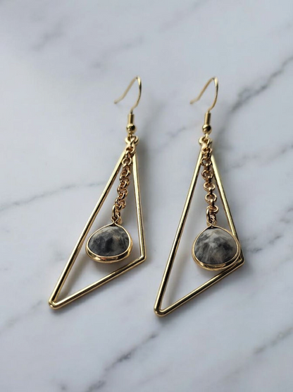 Upcycled Gold Wonky Triangle with Black and White Gemstone on Chains Dangle Earrings