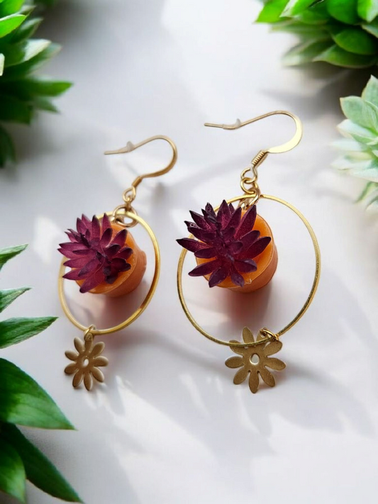 Burgundy Succulent Pots on Gold Rings Dangle Earrings