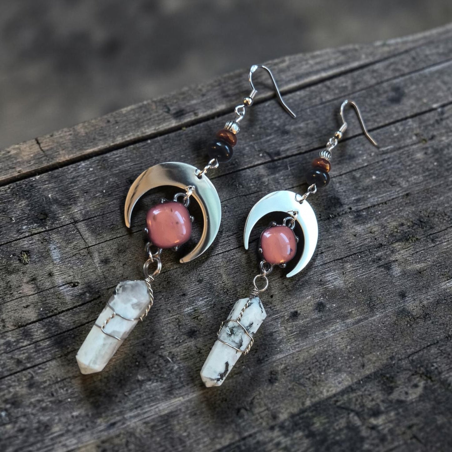 Celestial Silver Moons with Genuine Selenite Crystals Dangle Earrings
