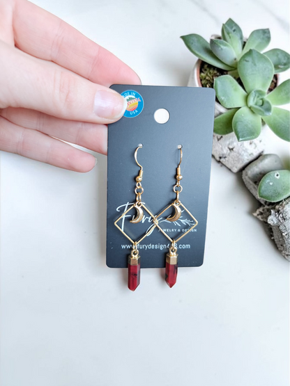 Red Jasper Points on Geometric Gold Dangle Earrings with Moons
