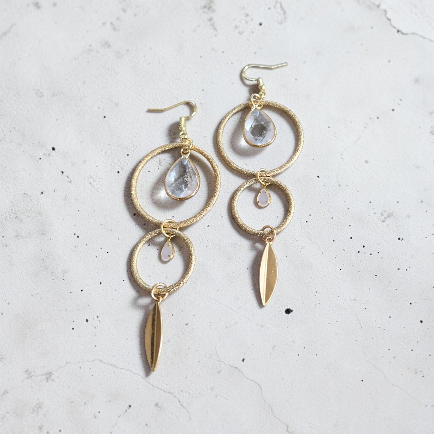 Golden Circles with Clear Quartz and Rose Quartz Teardrops Dangle Earrings