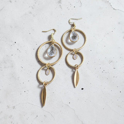 Golden Circles with Clear Quartz and Rose Quartz Teardrops Dangle Earrings