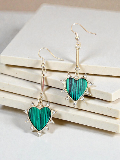 Shimmering Emerald Hearts on Golden Bars Dangle Earrings