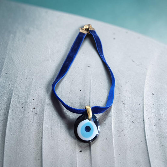 Glass Evil Eye on Blue Velvet Choker