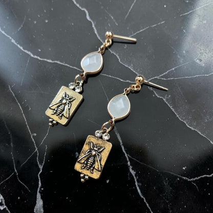 Milky Quartz Stones with Brass Hornets Stud Dangle Earrings