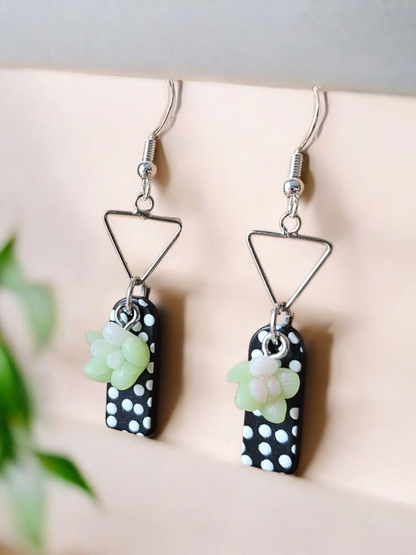 Navy Blue Polka Dots and Succulents Dangle Earrings