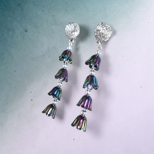 Iridescent Bell Flowers on Silver Beaded Stud Earrings