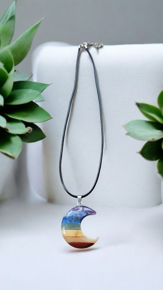 Rainbow Stone Crescent Moon Necklace on 16" Black Leather