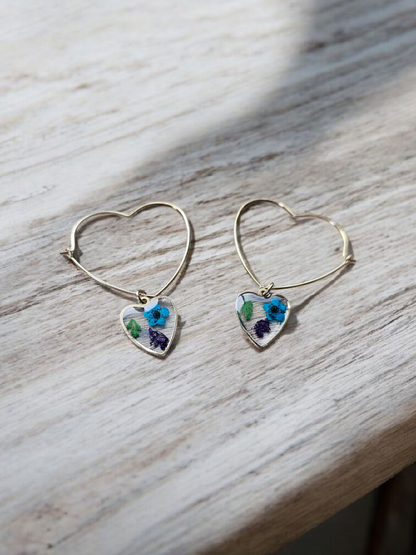 Pressed Flower Hearts on Gold Heart Hoops