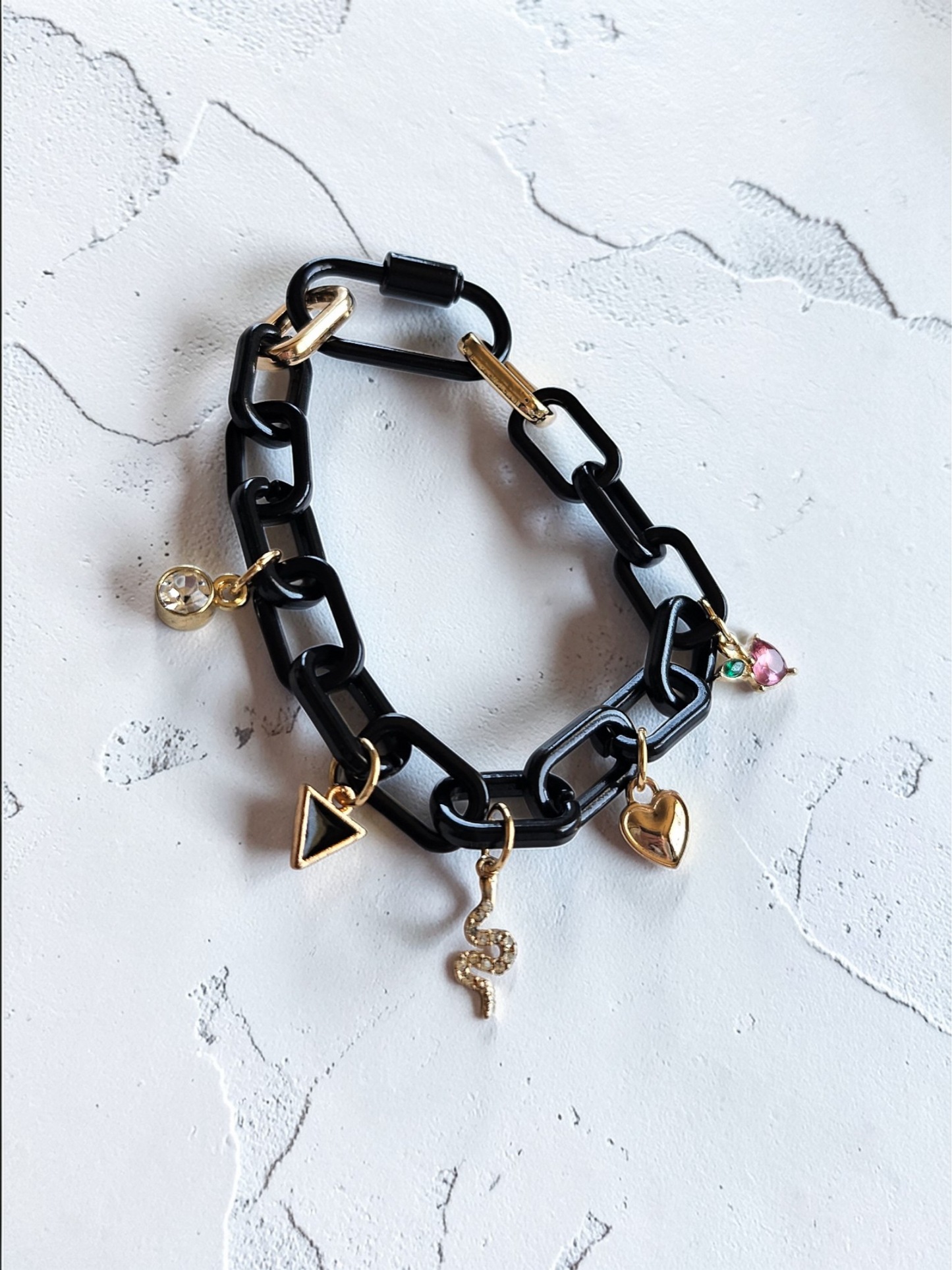 Upcycled Chunky Black Chain Charm Bracelet with Whimsical Charms