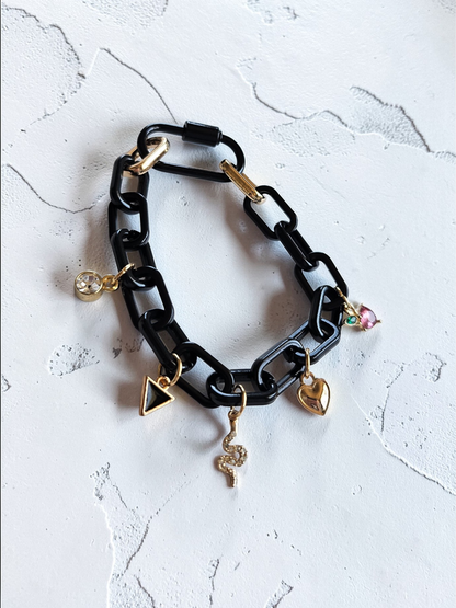 Upcycled Chunky Black Chain Charm Bracelet with Whimsical Charms
