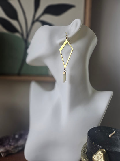 Elongated Diamond Geometric Dangle Earrings with White Gemstone Teardrop