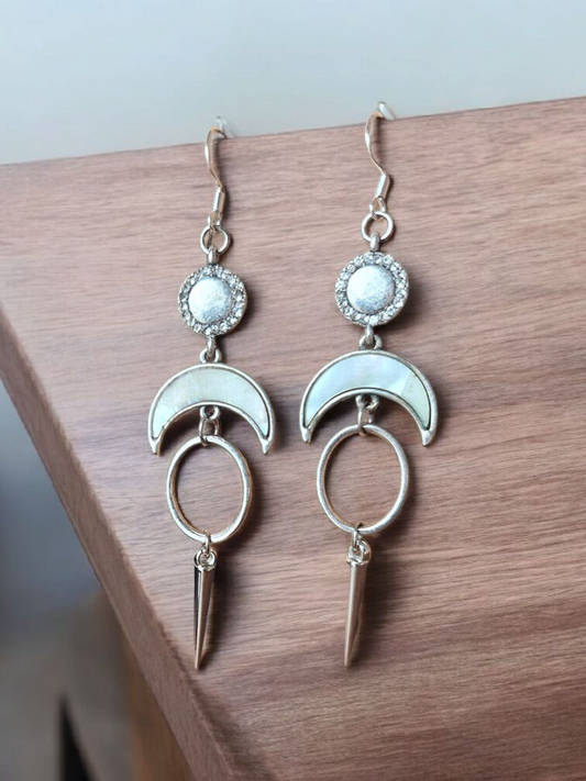 Upcycled Silver and Pearly Spiked Moon Dangles
