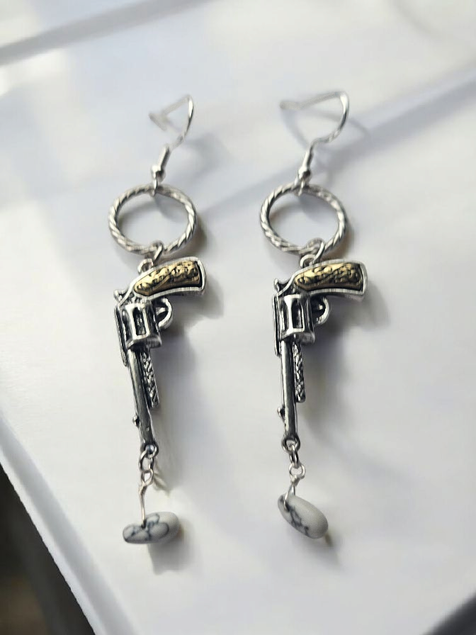Silver and Gold Gun Dangle Earrings with Marble Teardrop