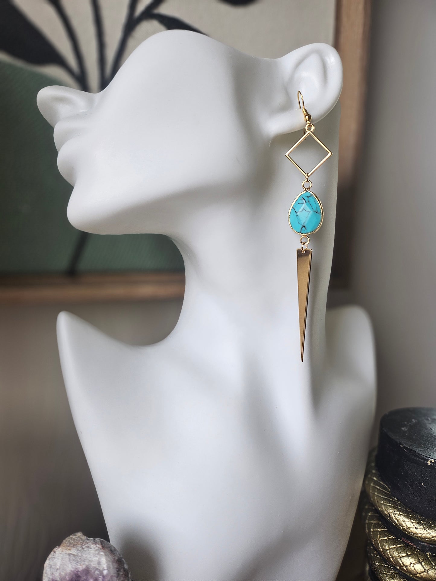 Teal Marbled Gemstone on Geometric Dangle Long Earrings