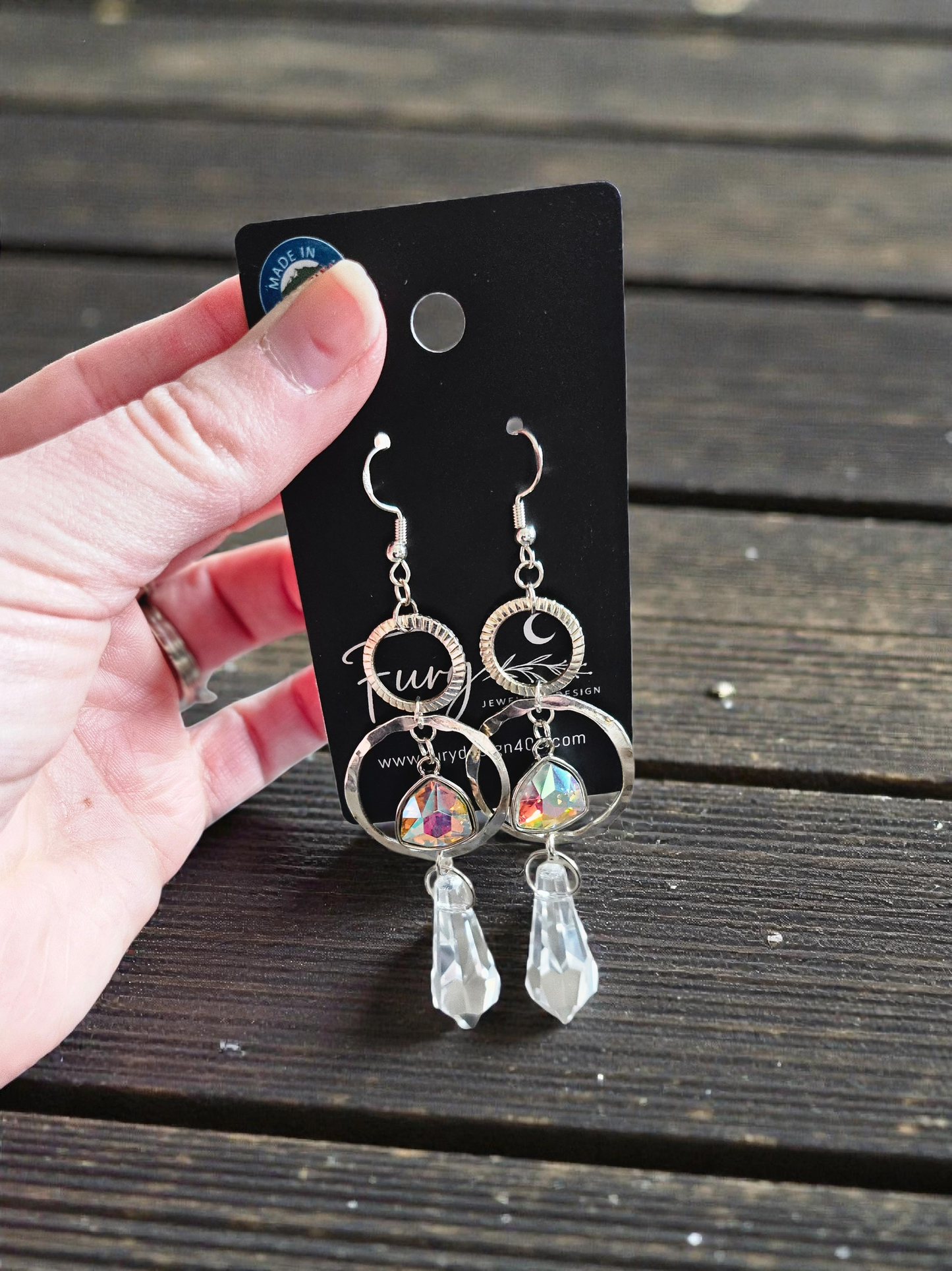 Upcycled Silver Stacked Circles with Iridescent Charms and Sun Catcher Dangle Earrings