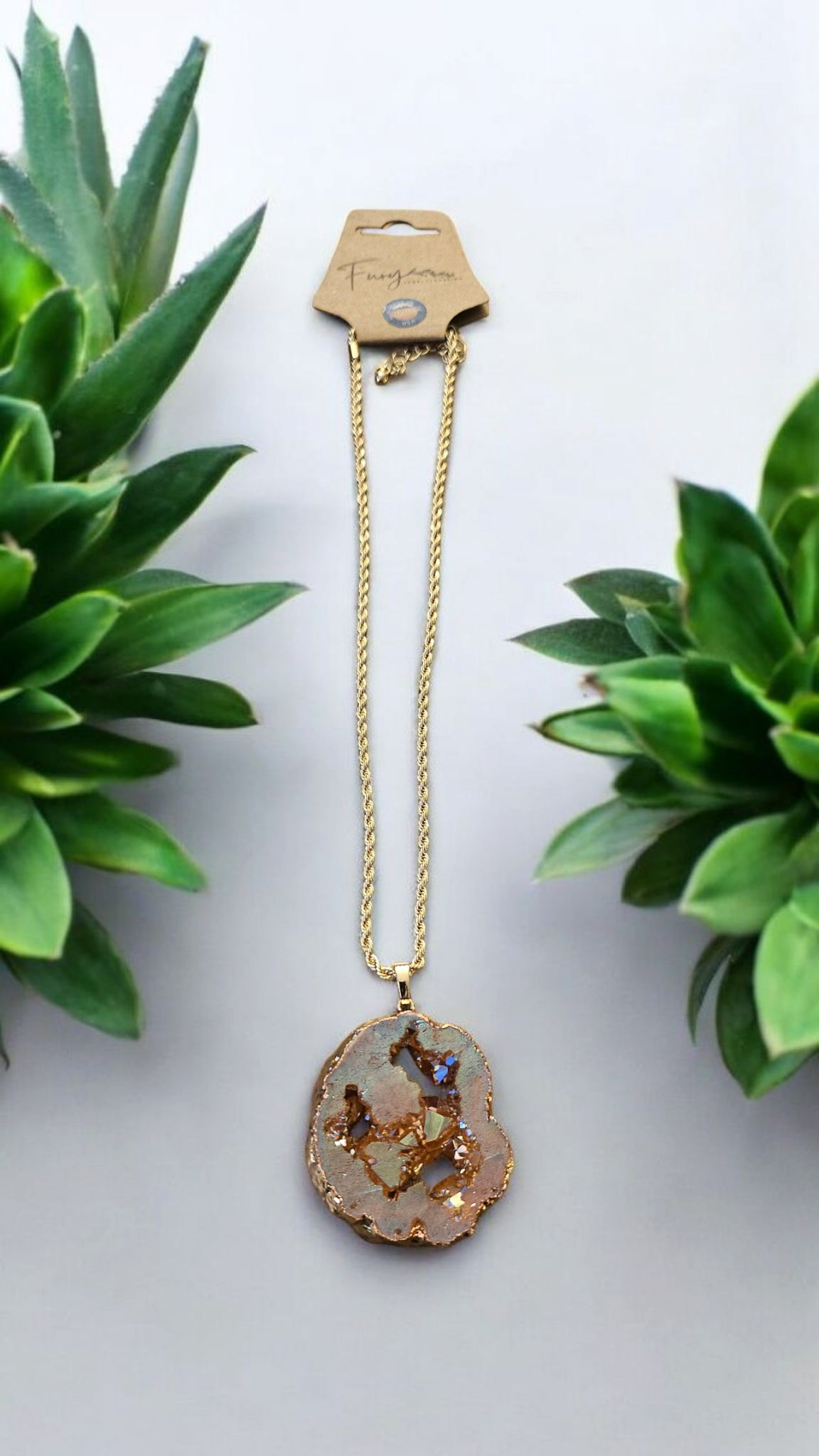 Deep Orange Iridescent Cut Stone on Gold 16" Necklace