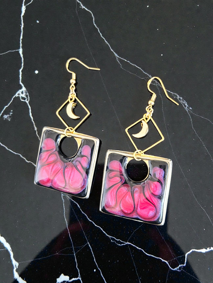 Upcycled Geometric Watercolor Dangle Earrings with Crescent Moon Charms