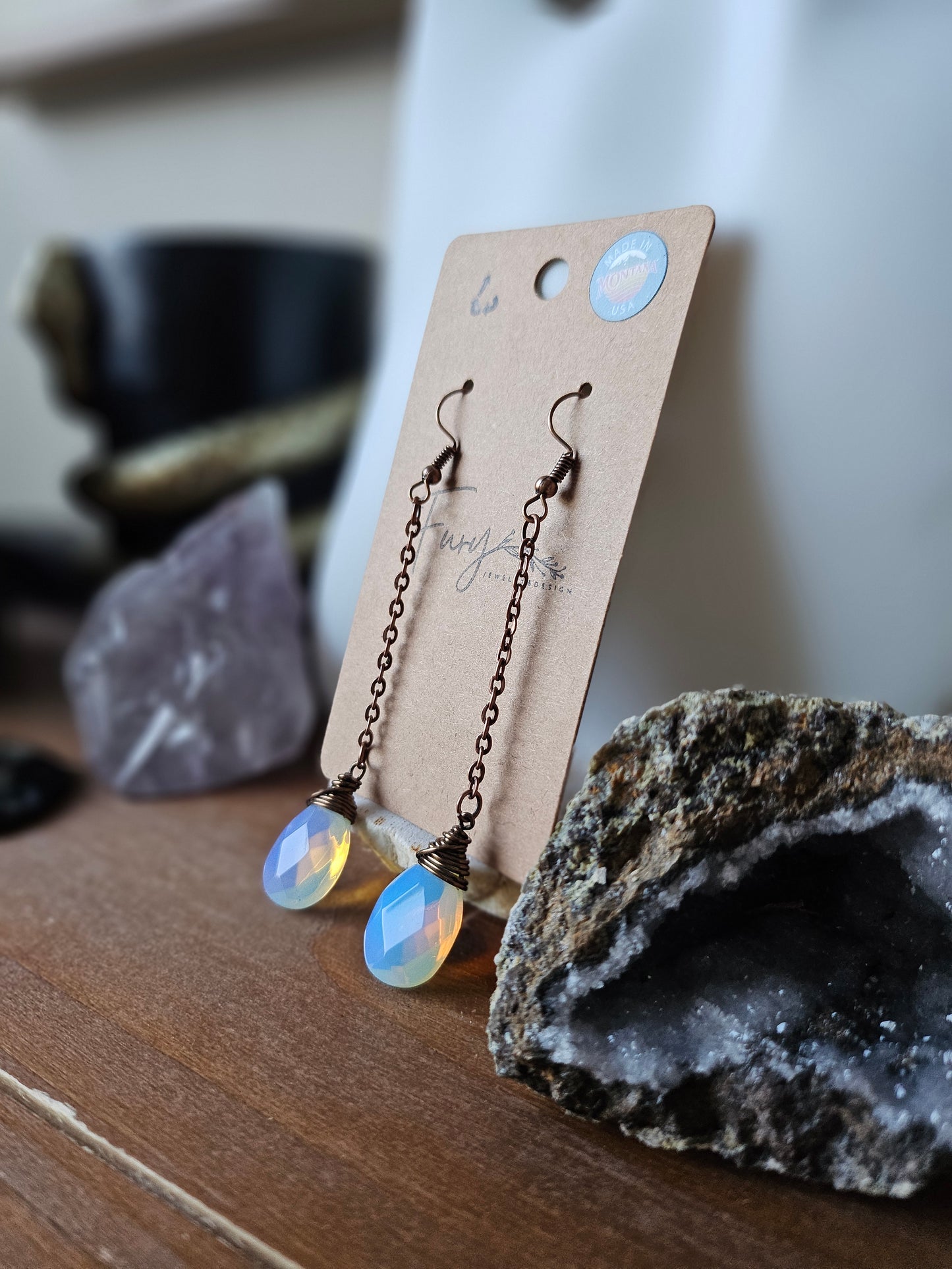 Upcycled Copper and Moonstone Teardrop Dangle Earrings