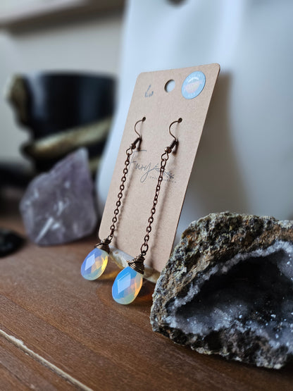 Upcycled Copper and Moonstone Teardrop Dangle Earrings