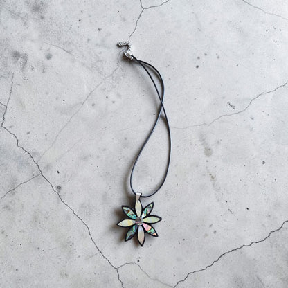 Mother of Pearl and Abalone Flower Pendant on Black Leather Cord Necklace