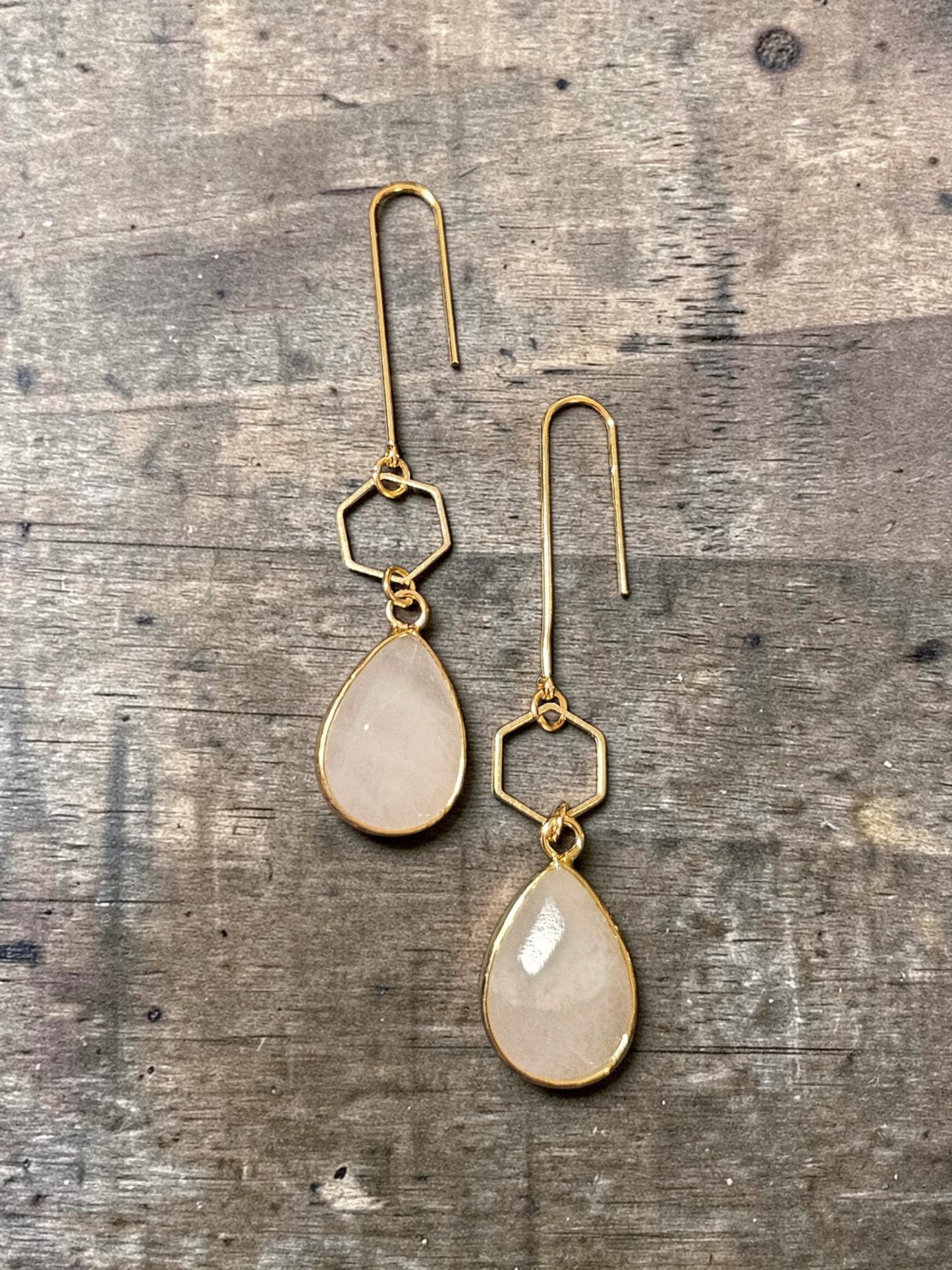 Teardrop Gemstones and Hexagons on Golden U-shaped Earrings