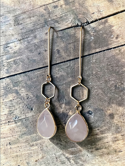 Teardrop Gemstones and Hexagons on Golden U-shaped Earrings