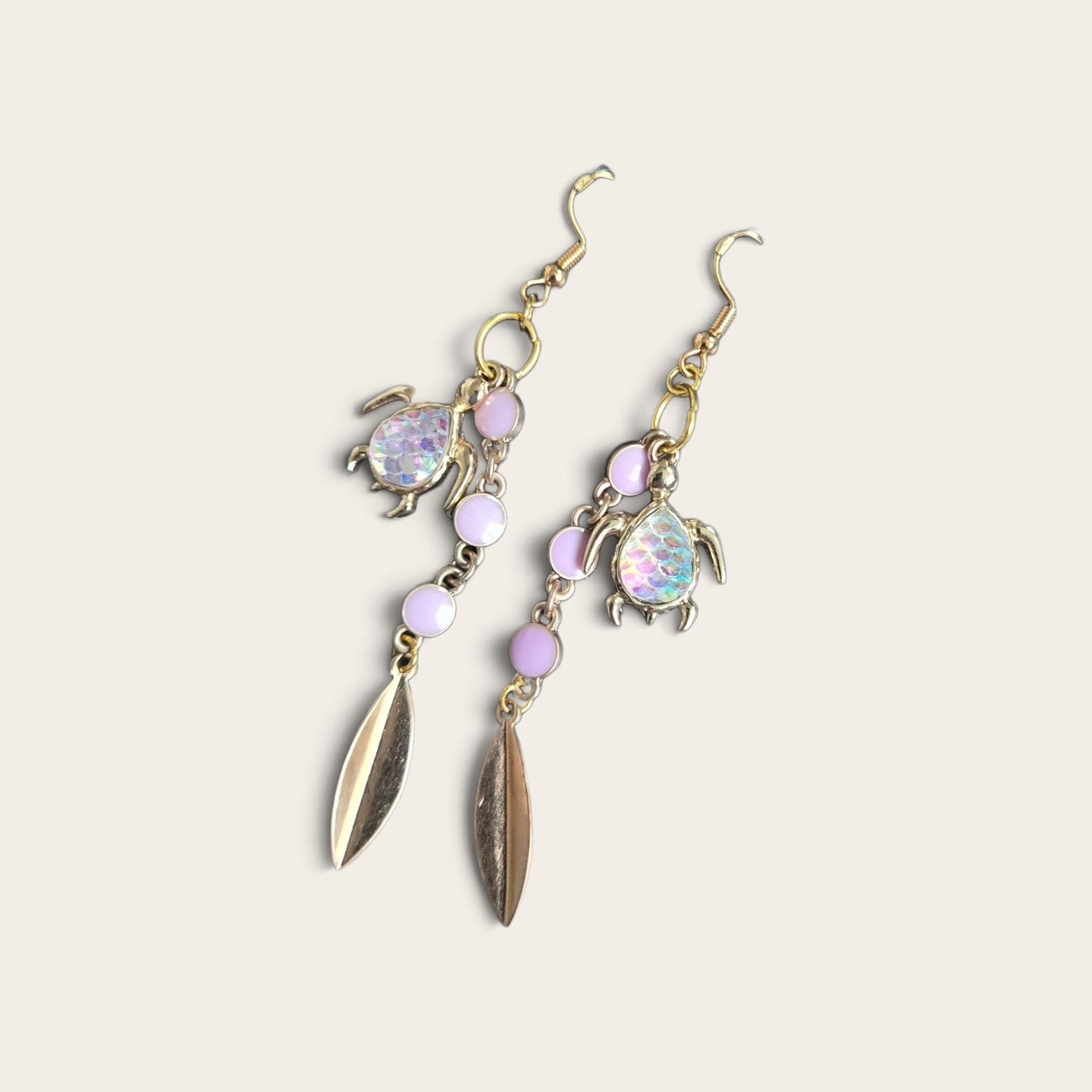 Iridescent Turtles on Purple and Golden Dangle Earrings