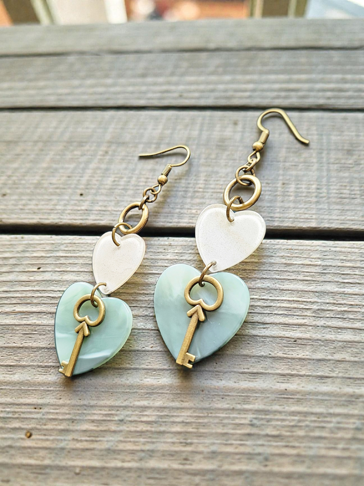 Upcycled Stacked Hearts with Brass Keys Dangle Earrings