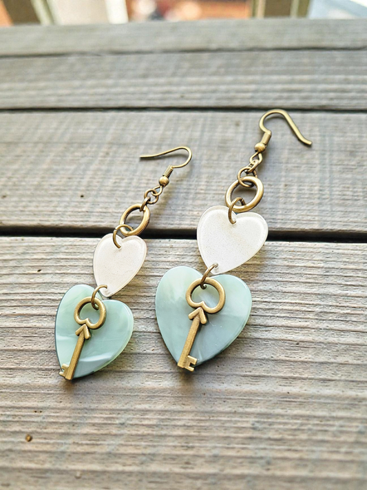 Upcycled Stacked Hearts with Brass Keys Dangle Earrings