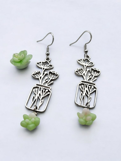Silver Flower Jar and Succulents Dangle Earrings