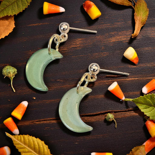 Green Moon Dangle Stud Earrings