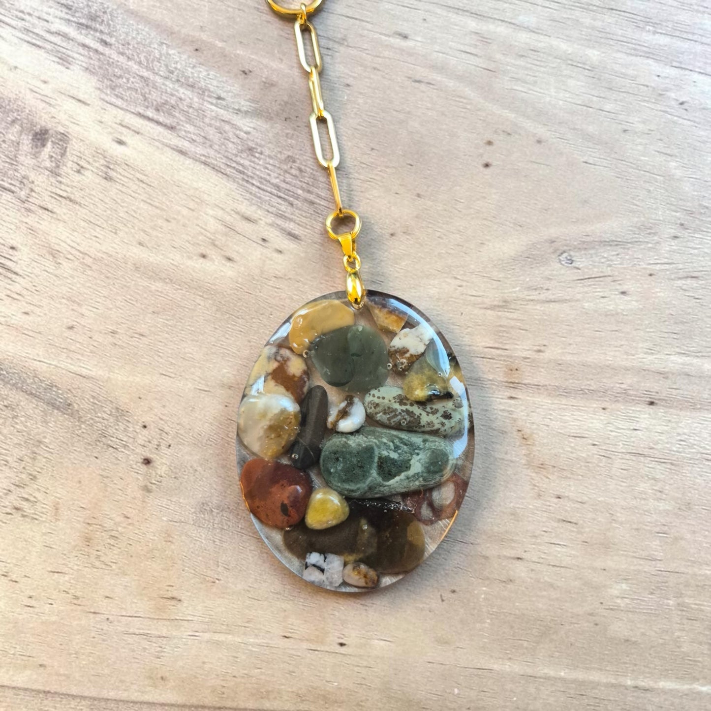 Colorful Tumbled River Stone in Resin Pendant on Golden Chain Necklace