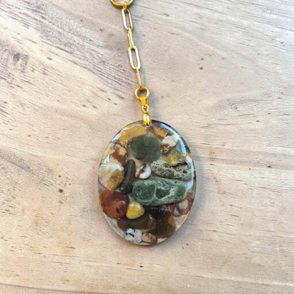 Colorful Tumbled River Stone in Resin Pendant on Golden Chain Necklace
