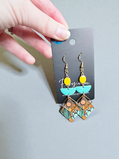 Upcycled Colorful Wooden Cactus Dangle Earrings with Teal and Yellow Accents