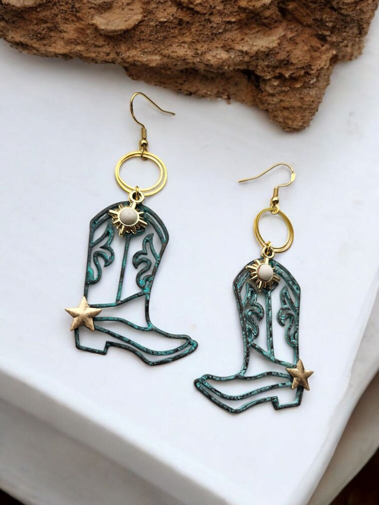 Teal and Spurs Upcycled Cowboy Boot Dangle Earrings