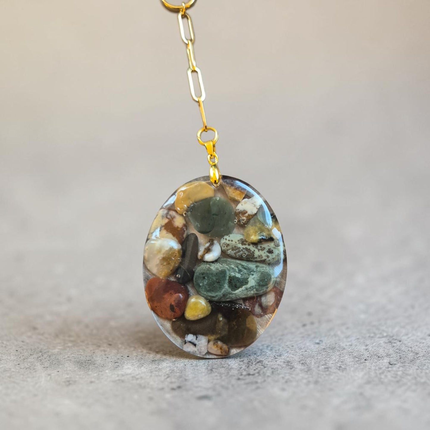 Colorful Tumbled River Stone in Resin Pendant on Golden Chain Necklace