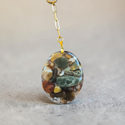 Colorful Tumbled River Stone in Resin Pendant on Golden Chain Necklace