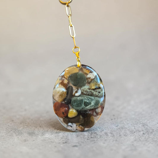 Colorful Tumbled River Stone in Resin Pendant on Golden Chain Necklace