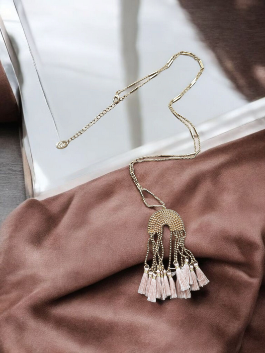 Upcycled Golden Arch with Pink Tassles Necklace
