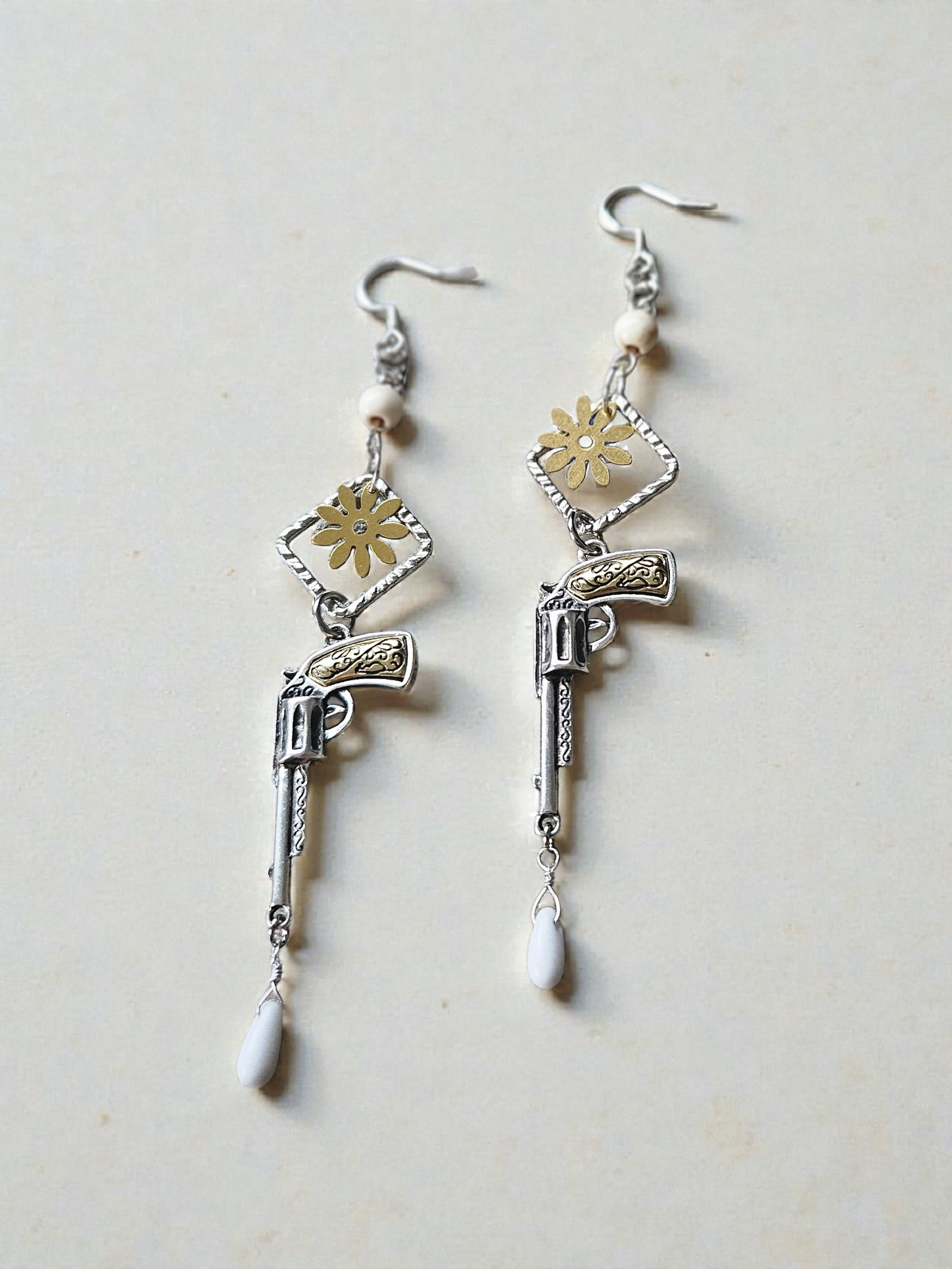 Big Sky Gold and Silver Revolver Dangle Earrings with Marbled White Accents