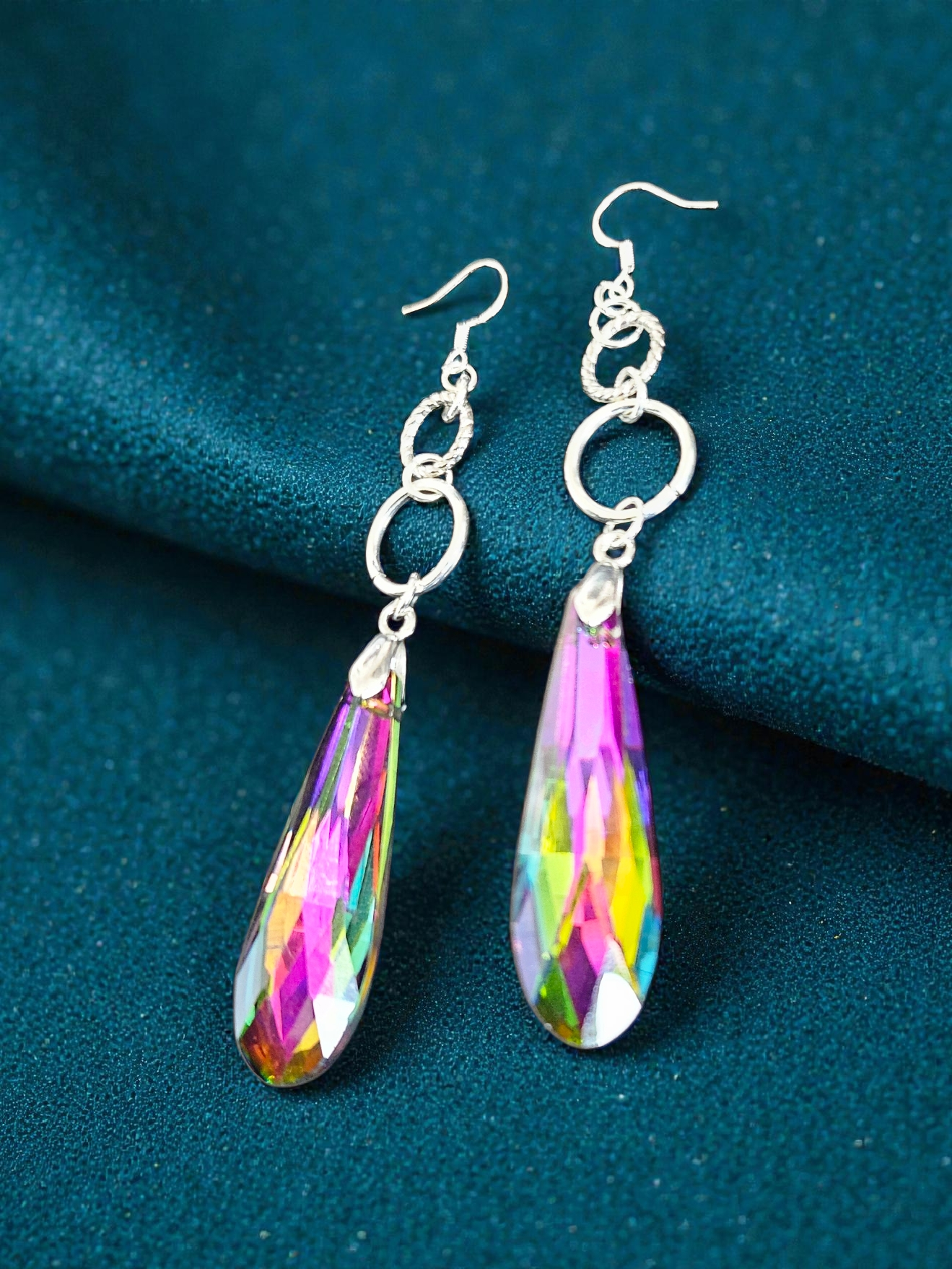 Colorful Sun Catcher Teardrops on Silvery Circles Dangle Earrings