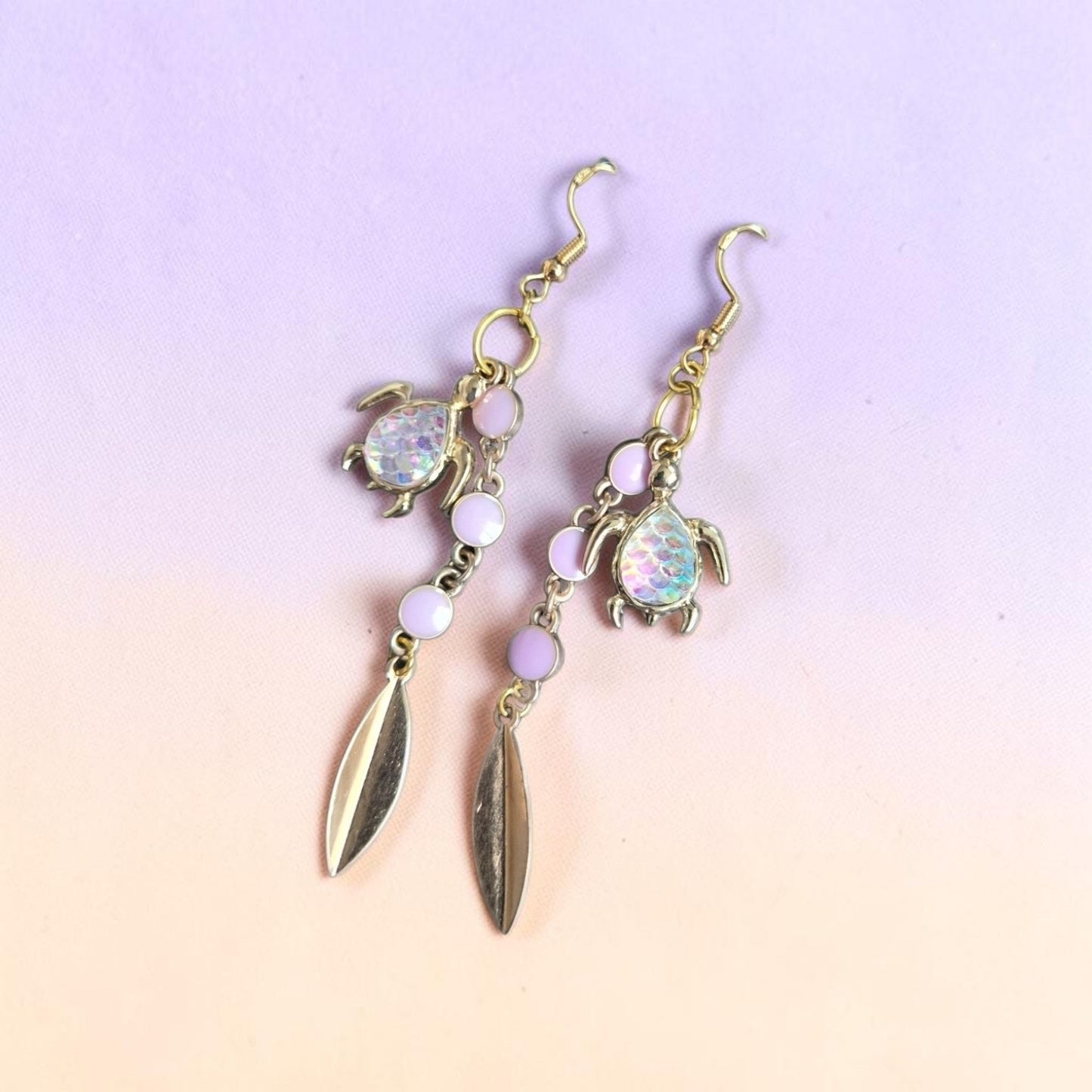 Iridescent Turtles on Purple and Golden Dangle Earrings