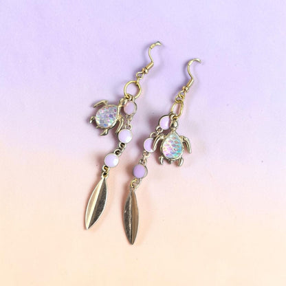 Iridescent Turtles on Purple and Golden Dangle Earrings
