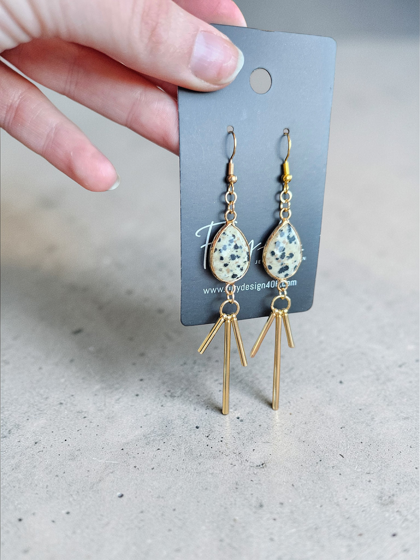 Dalmatian Jasper Teardrop Gemstone Dangle Earrings with Golden Bar Dangles